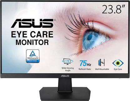 ASUS 23.8” 1080P Monitor (VA247HE) - Full HD, 75Hz, Adaptive-Sync/FreeSync™, Low Blue Light, Flicker Free, Eye Care Plus, VESA Mountable, Frameless, HDMI, DVI, VGA, Tilt Adjustable 23.8" FHD 75hz Frameless Monitor
