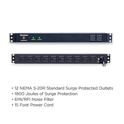 CyberPower RKBS20S2F10R 20A 12-Outlet 1U RM Rackbar Surge Suppressor