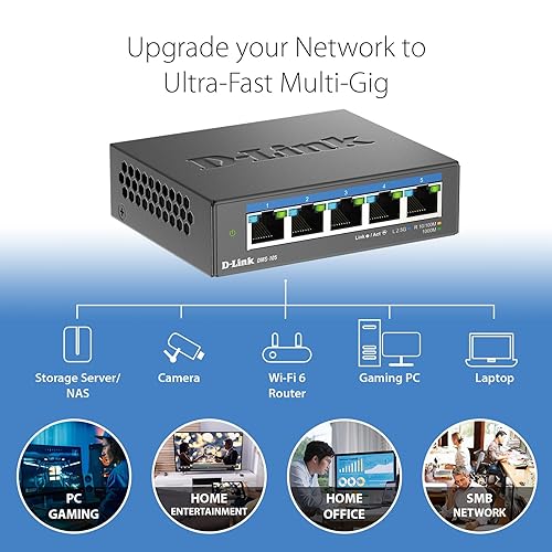 D-Link 5-Port 2.5GB Unmanaged Gaming Switch with 5 x 2.5G - Multi-Gig, Network, Fanless, Plug & Play (DMS-105) Black