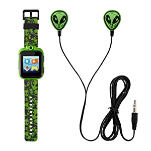 Playzoom Kids Smartwatch &amp; Earbuds Set - Video Camera Selfies STEM Learning Educational Fun Games, MP3 Music Player Audio Books Touch Screen Sports Digital Watch Fun Gift for Kids Toddlers Boys Girls PlayZoom 2 W/Earbuds Black/Green Alien