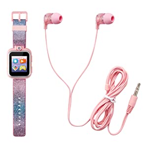 Playzoom Kids Smartwatch &amp; Earbuds Set - Video Camera Selfies STEM Learning Educational Fun Games, MP3 Music Player Audio Books Touch Screen Sports Digital Watch Fun Gift for Kids Toddlers Boys Girls PlayZoom 2 W/Earbuds Pink/Blue Gradient Glitter