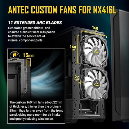 ANTEC NX416L, High Airflow Mesh Front Panel, 2 x 160mm & 1 x 120mm ARGB Fans Included, Type-C, Tempered Glass Hinge Side Panel, Up to 11 Fans, 360mm Radiator Support, Mid-Tower ATX Gaming Case