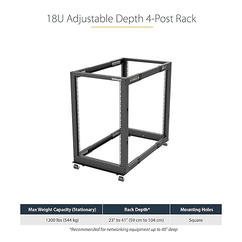 StarTech.com 4-Post 18U Mobile Open Frame Server Rack, 19in Network Rack with Wheels, Rolling Rack for Computer/AV/Data/IT Equipment - Casters, Leveling Feet or Floor Mounting (4POSTRACK18U) 18U Rack