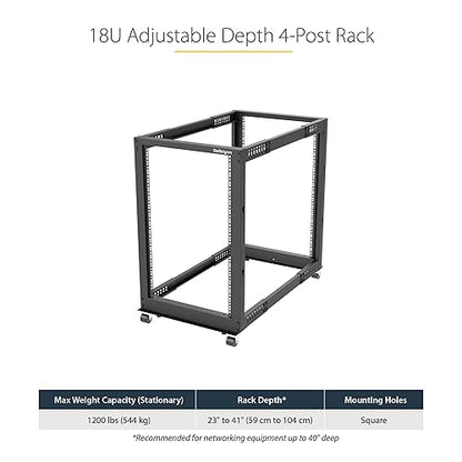 StarTech.com 4-Post 18U Mobile Open Frame Server Rack, 19in Network Rack with Wheels, Rolling Rack for Computer/AV/Data/IT Equipment - Casters, Leveling Feet or Floor Mounting (4POSTRACK18U) 18U Rack