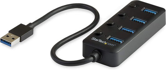 StarTech.com 4 Port USB 3.0 Hub - USB-A to 4x USB 3.0 Type-A with Individual On/Off Port Switches - SuperSpeed 5Gbps USB 3.1/3.2 Gen 1 - USB Bus Powered - Portable - 9.8" Attached Cable (HB30A4AIB)