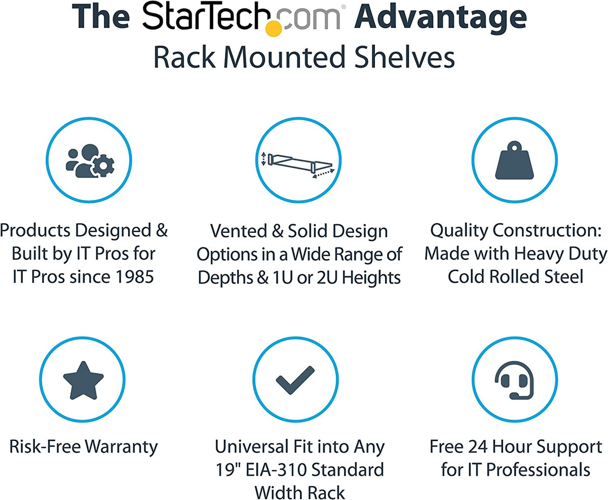 StarTech.com 1U Fixed Server Rack Mount Shelf - 10in Deep Steel Universal Cantilever Tray For 19" AV/ Network Equipment Rack - Heavy Duty Steel - Weight Capacity 44lbs/20kg, Black (CABSHELF1U10) 10" Depth 1U Rack Shelf