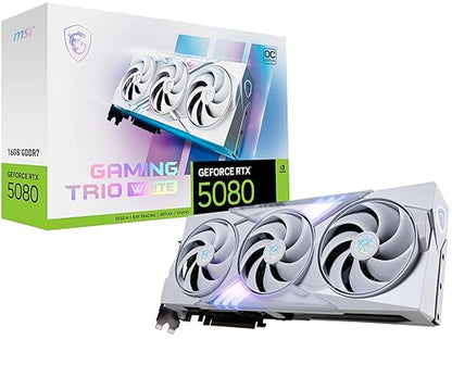 MSI Gaming RTX 5080 16G Gaming Trio OC White Graphics Card (16GB GDDR7, 256-bit, Extreme Clock 2715 MHz, DisplayPort x 3 2.1a, HDMI 2.1b, NVIDIA Blackwell Architecture)