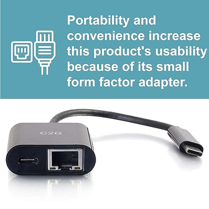 C2G 29749 USB C Adapter and Ethernet Adapter with Power, Black Black Black