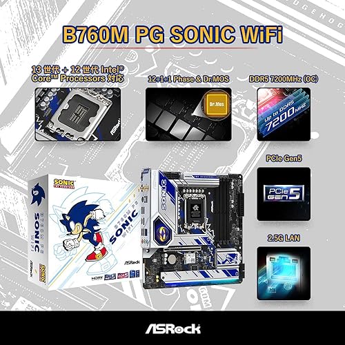 ASRock B760M PG Sonic WiFi Motherboard 7200 MHz DDR5 XMP & Expo Support 12+1+1 Phase Design with Dr.MOS PCIe 5.0 + Surface-Mount Tech USB 3.2 Gen2 Type-C Header M.2 192 GB