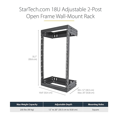 StarTech.com 2-Post 18U Heavy-Duty Wall Mount Network Rack, 19 Open Frame Server Rack with Adjustable Depth, Wall Mount Data Rack for IT / AV / Patch Panel / Computer Equipment (RACK-18U-20-WALL-OA)
