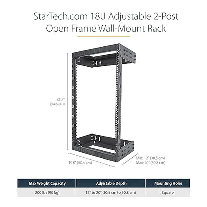 StarTech.com 2-Post 18U Heavy-Duty Wall Mount Network Rack, 19 Open Frame Server Rack with Adjustable Depth, Wall Mount Data Rack for IT / AV / Patch Panel / Computer Equipment (RACK-18U-20-WALL-OA)