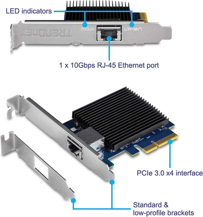 TRENDnet 10 Gigabit PCIe Network Adapter, Converts A PCIe Slot Into A 10G Ethernet Port, Supports 802.1Q Vlan, Includes Standard &amp; Low-Profile Brackets, PCIe 2.0, PCIe 3.0, Silver, TEG-10GECTX PCI Express 10G RJ-45