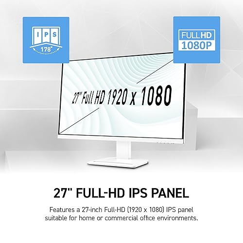 MSI PRO MP273W E14A 27-inch IPS 1920 x 1080 (FHD) Gaming Office Monitor, 120Hz, Free-Synch, HDMI, DisplayPort, VGA Port, VESA Mountable, Tilt, Speaker, 4-Side Slim Bezel 1ms, White