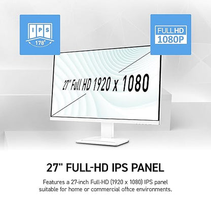 MSI PRO MP273W E14A 27-inch IPS 1920 x 1080 (FHD) Gaming Office Monitor, 120Hz, Free-Synch, HDMI, DisplayPort, VGA Port, VESA Mountable, Tilt, Speaker, 4-Side Slim Bezel 1ms, White