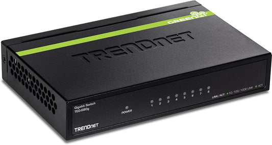 TRENDnet 8-Port Unmanaged Gigabit GREENnet Desktop Metal Switch, Ethernet Splitter, Fanless,16Gbps Switching Capacity, Plug &amp; Play, Lifetime Protection, TEG-S80G,Black 8-Port Gigabit