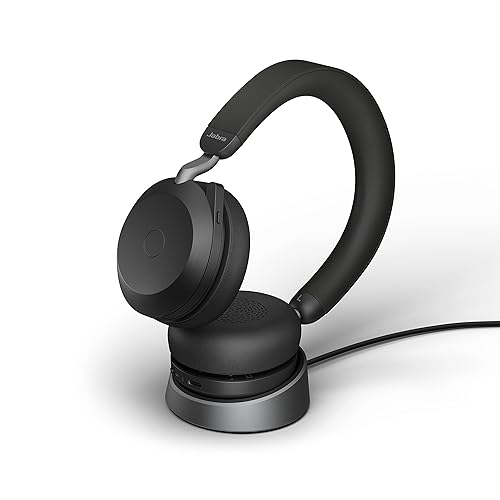 Jabra Evolve2 75 Wireless PC Headset with Charging Dock and 8-Mic Technology - Dual Foam Stereo Headphones with Advanced Active Noise Cancellation, USB-C Bluetooth Adapter and MS Compatibility - Black Headset + Charging Stand (USB-C) MS Teams Compatible