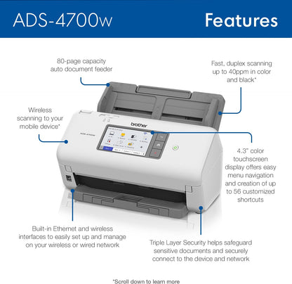 Brother ADS-4700W Professional Desktop Scanner with Fast Scan Speeds, Duplex, Wireless, and Large Touchscreen NEW ADS4700W ADDS 80-ADF