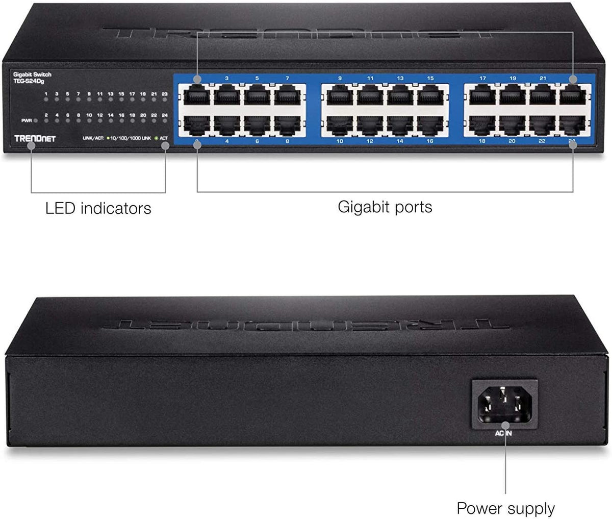TRENDnet 24-Port Unmanaged Gigabit GREENnet Desktop Switch, Ethernet Network Switch, 24 x 10-100-1000 Gigabit Ethernet RJ-45 Ports, 48Gbps Switching Capacity, Lifetime Protection, Black, TEG-S24DG 24-Port Version 1.0