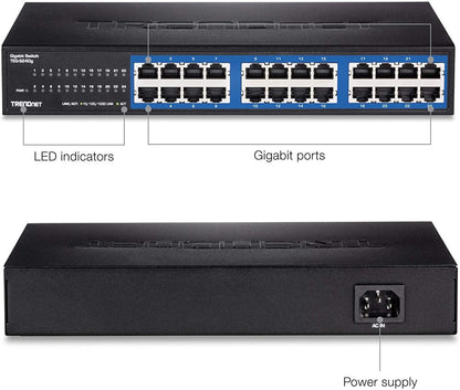 TRENDnet 24-Port Unmanaged Gigabit GREENnet Desktop Switch, Ethernet Network Switch, 24 x 10-100-1000 Gigabit Ethernet RJ-45 Ports, 48Gbps Switching Capacity, Lifetime Protection, Black, TEG-S24DG 24-Port Version 1.0