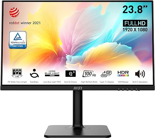 MSI Modern MD2412P, 24, 1920 x 1080 (FHD) IPS, FreeSync, HDR Ready, 100Hz, TUV Certified Eyesight Protection, 1ms, VGA, HDMI