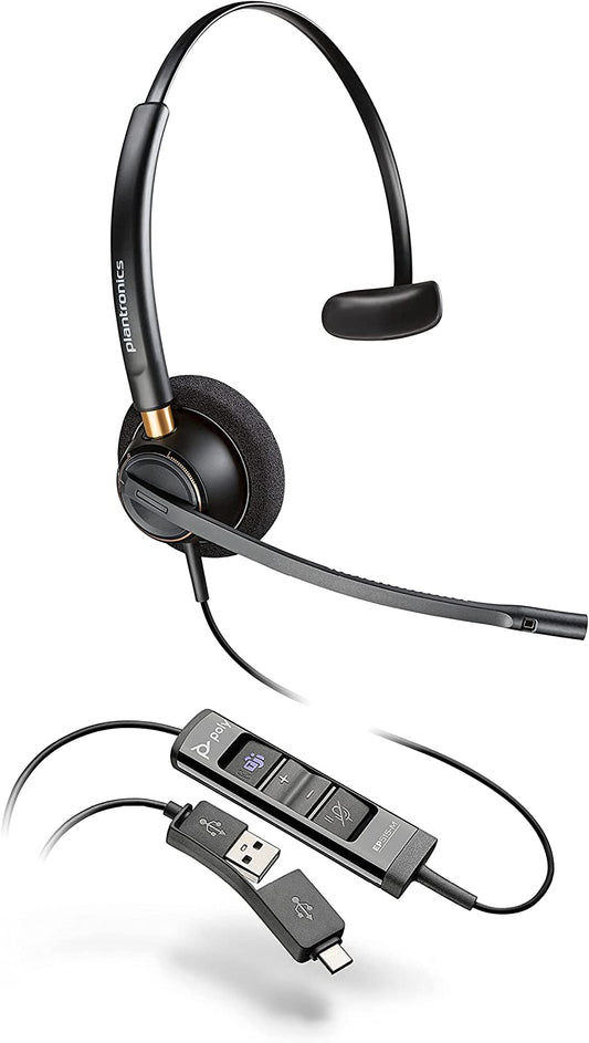 Poly - EncorePro 515-M USB-A and USB-C USB Headset (Plantronics) - Optimized for Teams - Hold &amp; Call Answer Buttons - Works with Avaya, Genesys, &amp; Cisco Call Center Platforms - Single Ear/Mono Microsoft Teams Version Over-the-Head Single Ear