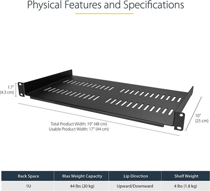 StarTech.com 1U Server Rack Shelf - Universal Vented Rack Mount Cantilever Tray for 19" Network Equipment Rack &amp; Cabinet - Heavy Duty Steel - Weight Capacity 50lb/23kg - 10" Deep, Black (CABSHELFV1U) 1U 10" Depth