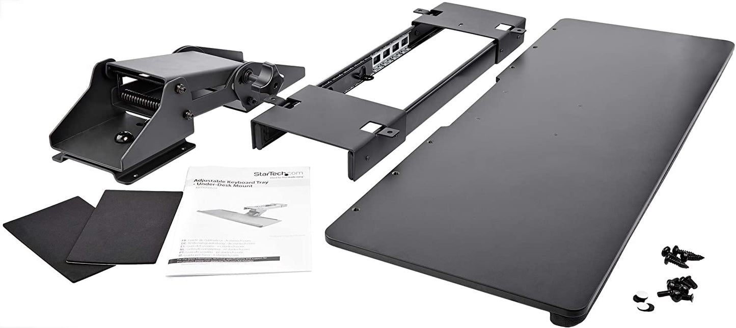 StarTech.com Under Desk-Mount Keyboard Tray - 26.4” Wide - Adjustable - Ergonomic Slide-Out Keyboard Shelf with Tilt and Swivel (KBTRAYADJ), Black Standard