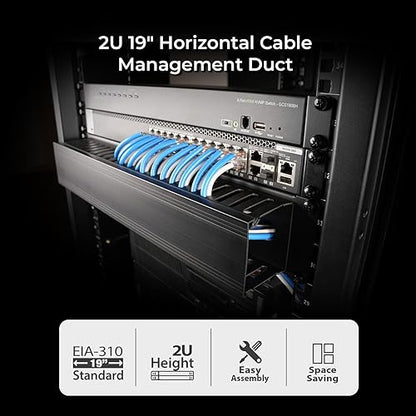 IOGEAR 2U 19" Horizontal Cable Management Duct with Cover and Mounting Screws, Slotted Finger Duct Wire Organizer for Server/Network/Equipment Rack and Cabinets GROHD2U