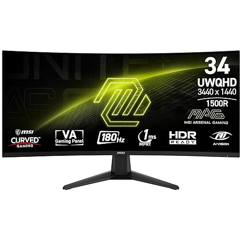 MSI MAG 346CQ 34-inch 3440 x 1440 (UWQHD) Gaming Monitor, 180Hz, Adaptive-Synch, HDMI, DisplayPort, VESA Mountable, Tilt, Height Adjustable, Speaker, 1ms, Black