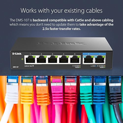D-Link 7-Port 2.5GB Unmanaged Gaming Switch with 2 x 2.5G, 5 x 10/100/1000 Mbps - Multi-Gig, Network, Fanless, Plug & Play (DMS-107) Black