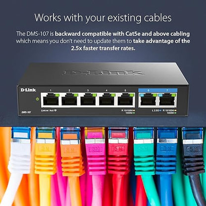 D-Link 7-Port 2.5GB Unmanaged Gaming Switch with 2 x 2.5G, 5 x 10/100/1000 Mbps - Multi-Gig, Network, Fanless, Plug & Play (DMS-107) Black