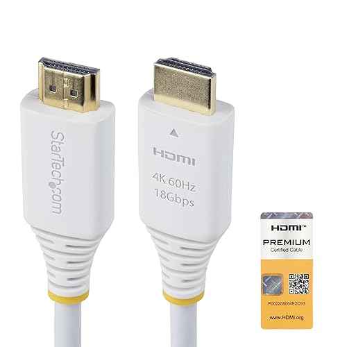 StarTech.com 10ft (3m) Premium Certified High Speed HDMI Cable, 4K 60Hz/1440p 144Hz, 18Gbps, UHD HDMI 2.0 Cord, TPE Jacket, White 10 ft/3 m White