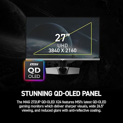 MSI MAG 272UP QD-OLED X24 26.5-inch 3840 x 2160 (UHD) Gaming Monitor, 240Hz, AMD Adaptive-Sync, HDR Ready, HDMI, VGA Port,VESA Mountable, Tilt, 4-Side Slim Bezel, 0.03ms, Black