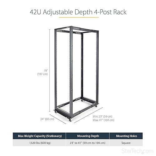 StarTech.com 42U 19 Open Frame Server Rack - 4 Post Adjustable Depth 22-40 Mobile - Free Standing Rolling Network/Computer Equipment Data Rack- Dell PowerEdge HP ProLiant ThinkServer (4POSTRACK42) 42U Rack