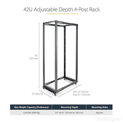 StarTech.com 42U 19 Open Frame Server Rack - 4 Post Adjustable Depth 22-40 Mobile - Free Standing Rolling Network/Computer Equipment Data Rack- Dell PowerEdge HP ProLiant ThinkServer (4POSTRACK42) 42U Rack