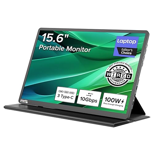 Plugable USB C Portable Monitor 15.6 Inch, 100W Pass-Through Charging for Your Laptop Smartphone Tablet, 3x USB-C 10Gbps Hub FHD 1920x1080 IPS Travel Display 1.85lbs, Protective Case/Stand, USBC-PDMON