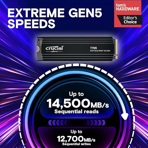 New 2024 Crucial T705 2TB PCIe Gen5 NVMe M.2 SSD with Heatsink - Up to 14,500 MB/s - Game Ready - Internal Solid State Drive (PC) - +1mo Adobe CC - CT2000T705SSD5 2TB T705 W/Heatsink