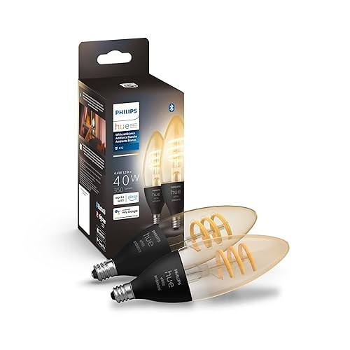 Philips Hue Smart 40W Candle-Shaped Filament LED Bulb - White Ambiance Warm-to-Cool White Light - 2 Pack - 270LM - E12 - Indoor - Control with Voice or App Candle White Ambiance 2 Pack