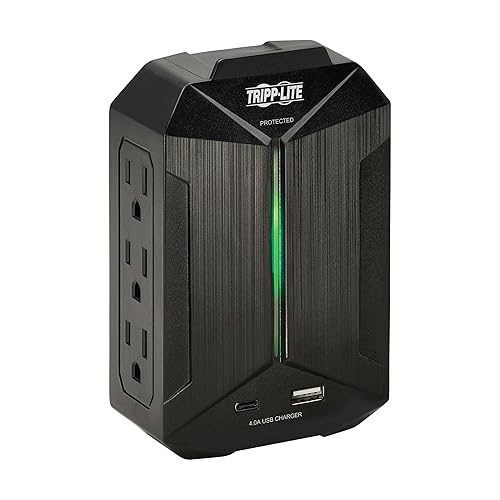Tripp Lite Surge Protector Power Strip 6-Outlets + 1 USB & 1 USB-C Port, Direct Wall Plug-in, Black, Green LED Light, 490 Joules, EMI/RFI Filtering, 20,000 Insurance (SK62USBC)