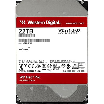 Western Digital 22TB WD Red Pro NAS Internal Hard Drive HDD - 7200 RPM, SATA 6 Gb/s, CMR, 512 MB Cache, 3.5" - WD221KFGX 22TB Red Pro