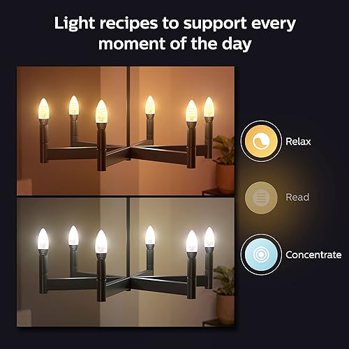 Philips Hue Smart 40W Candle-Shaped Filament LED Bulb - White Ambiance Warm-to-Cool White Light - 2 Pack - 270LM - E12 - Indoor - Control with Voice or App Candle White Ambiance 2 Pack