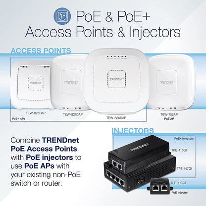 TRENDnet Gigabit Power Over Ethernet Injector, Full Duplex Gigabit Speeds, 1 x Gigabit Ethernet Port, 1 x PoE Gigabit Ethernet Port, Network Devices Up To 100M (328 ft), 15.4W, Black, TPE-113GI