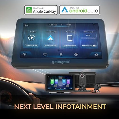 GekoGear Orbit C110 Wireless Carplay & Android Auto with 1080p Dash Cam, 7 Inch Portable Carplay Screen with 1080p Backup Camera, Car Audio Receivers with GPS Navigation, Bluetooth, Mirror Link
