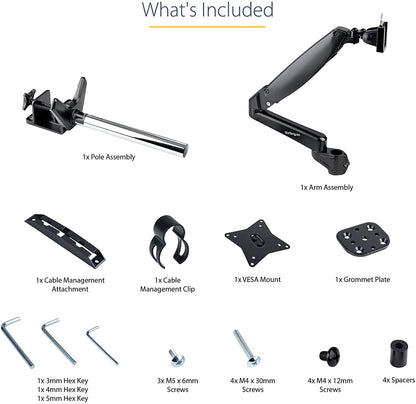 StarTech.com Desk Mount Monitor Arm for Single VESA Display up to 32" or 49" Ultrawide 8kg/17.6lb - Full Motion Articulating &amp; Height Adjustable - C-Clamp, Grommet - Single Monitor Arm (ARMPIVOTE2)