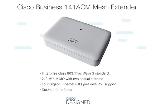 Cisco Systems Business 141ACM Wi-Fi Mesh Extender, 802.11ac, 2x2, 4 GbE Ports, 1 PoE Port,Desktop, Lifetime Protection (CBW141ACM-A-CA), Requires Cisco Business Wireless Access Points CBW141ACM / Desktop / 4GE-Port