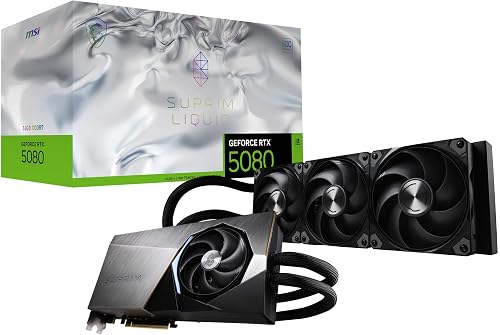 MSI Gaming RTX 5080 16G SUPRIM Liquid SOC Graphics Card (16GB GDDR7, 256-bit, Extreme Clock 2760 MHz, DisplayPort x 3 2.1a, HDMI 2.1b, NVIDIA Blackwell Architecture)