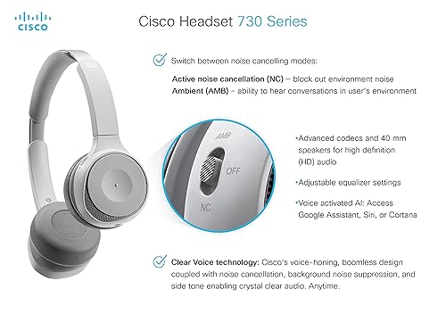 Cisco Headset 730 - Google Assistant, Cortana, Siri - Stereo - USB Type A, Mini-phone (3.5mm) - Wired/Wireless - Bluetooth - 213.3 ft - 32 Ohm - 20 Hz - 20 kHz - On-ear, Over-the-head - Binaural - Ear-cup - Directional, Electret Condenser
