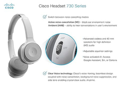 Cisco Headset 730 - Google Assistant, Cortana, Siri - Stereo - USB Type A, Mini-phone (3.5mm) - Wired/Wireless - Bluetooth - 213.3 ft - 32 Ohm - 20 Hz - 20 kHz - On-ear, Over-the-head - Binaural - Ear-cup - Directional, Electret Condenser