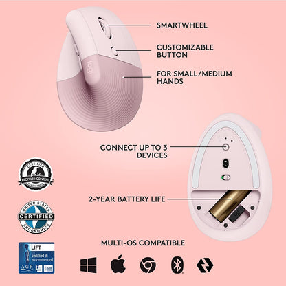 Logitech Lift Vertical Ergonomic Mouse, Wireless, Bluetooth or Logi Bolt USB Receiver, Quiet clicks, 4 Buttons, Compatible with Windows/macOS/iPadOS, Laptop, PC - Rose Right-Handed Mouse ROSE