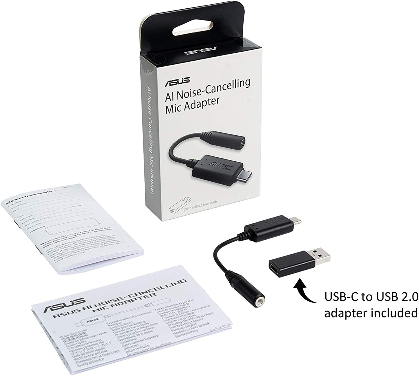 ASUS Ai Noise-Canceling Mic Adapter | Built-in Artificial Intelligence Isolates Background Noise, Enhance Voice Clarity | Improve Quality of Conference Calls, Music | Supports USB-C &amp; USB 2.0-3.5 mm
